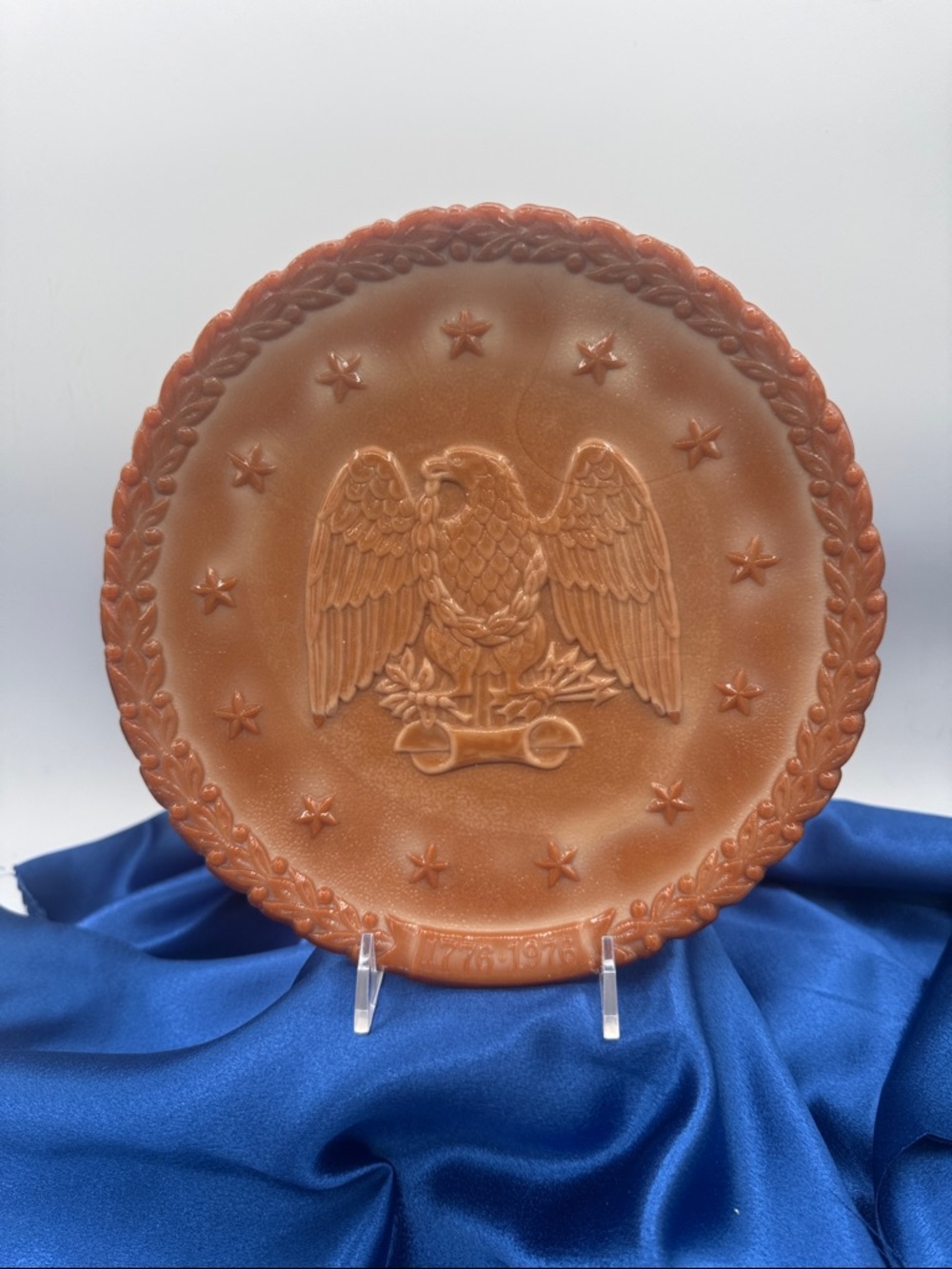 Fenton Art Glass Bicentennial Plate produced in 1976, made of brown slag glass